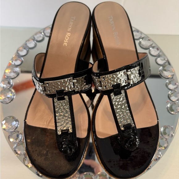 TARYN ROSE, 🌹 Elegant Black and Tan Wedge Shoes with Ornate Metal Buckle EUC - Picture 3 of 13